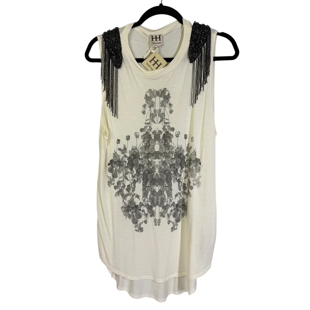 HAUTE HIPPIE Blouse Small Top Sleeveless Graphic Embellished Beaded Shoulder NWT